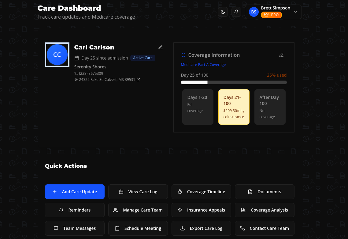 Logivva dashboard screenshot showing resident coverage status, recent updates, and Medicare milestones in a single view